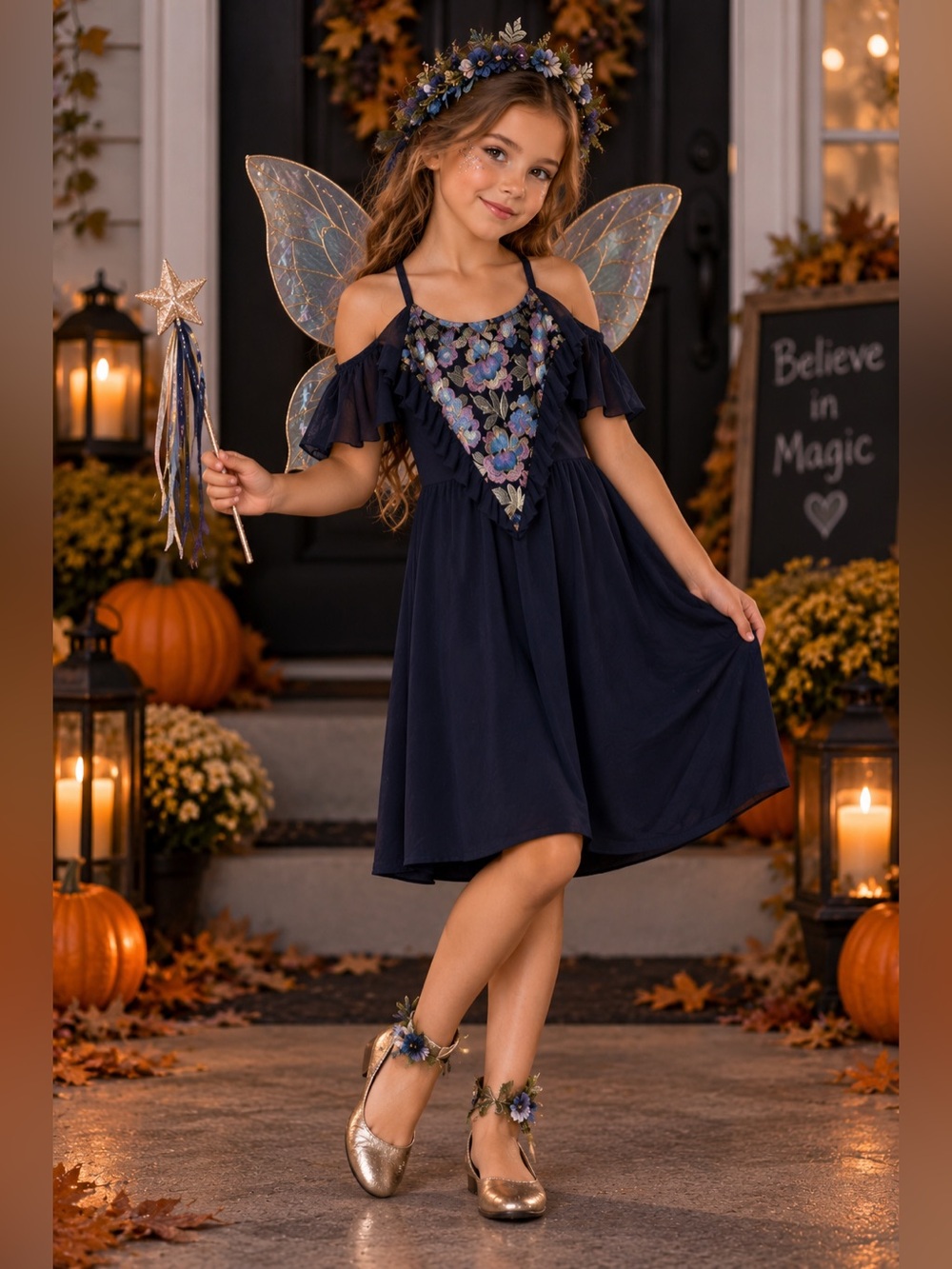 Navy Floral Cold Shoulder Lyrical Dress - A Wish Come True #20509X